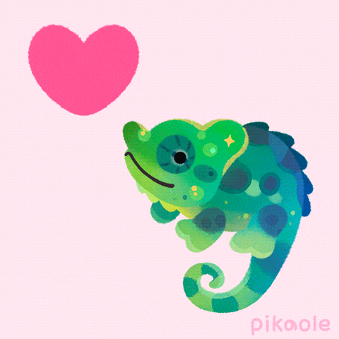 a drawing of a chameleon with a pink heart above it and the name pikaole on the bottom