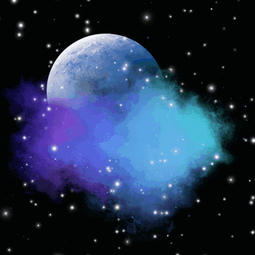 a painting of a blue and purple galaxy with the moon in the middle