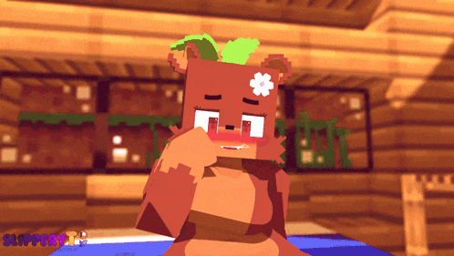 a cartoon of a teddy bear with a flower on its head and the word slippery on the bottom right