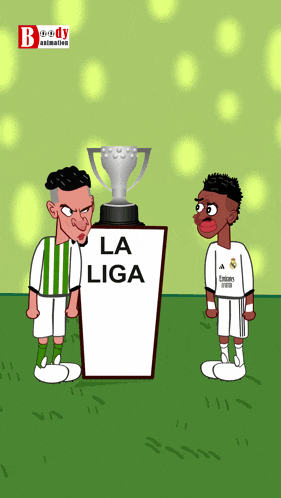 a cartoon of two soccer players standing next to a trophy that says la liga