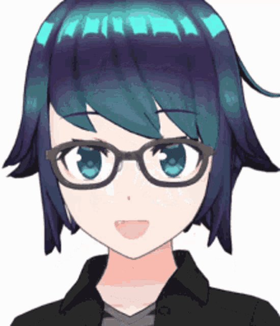 a girl with blue hair and glasses is wearing a black shirt
