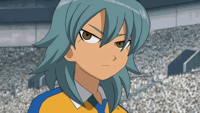 a cartoon character with a blue hair and a yellow shirt with tokyo tv on the bottom right