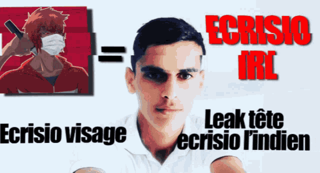 a man wearing a face mask is next to the words ecrisio visage and leak tete ecrisio l' indian