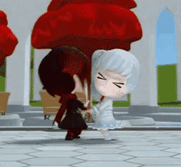 a couple of cartoon characters are standing next to each other holding hands .