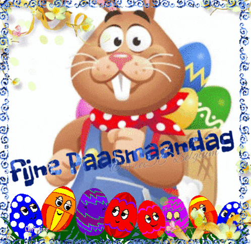 a cartoon bunny with a basket of easter eggs and the words fijne paasmaandag on the bottom