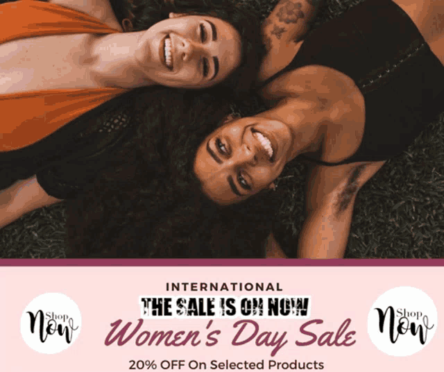 an advertisement for women 's day sale shows two women laying on the grass