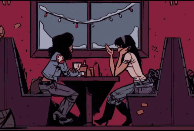 a cartoon of two women sitting at a table with a heart on it