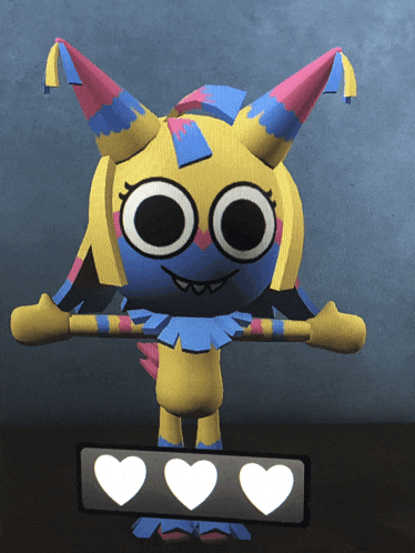 a cartoon character is standing next to a sign that says hearts