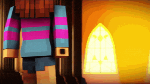 a cartoon character in a blue and pink striped shirt standing in front of a window