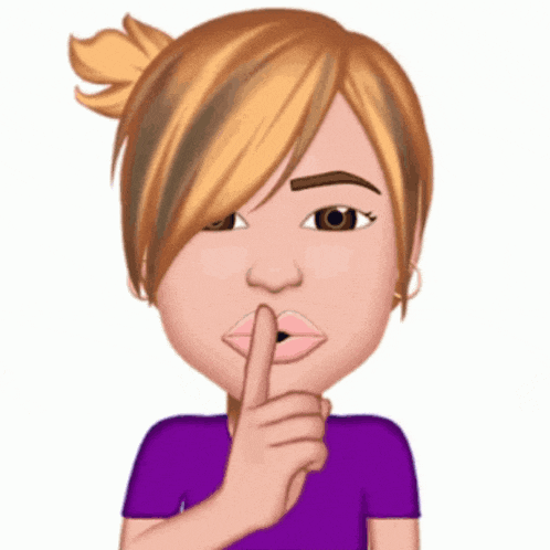 a woman in a purple shirt holds her finger to her mouth