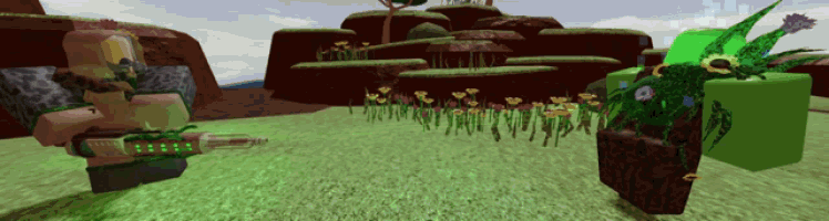 a cartoon character is standing in a field with flowers and trees in the background
