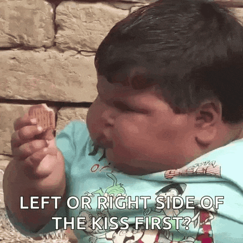 a very fat boy is eating a piece of food and says left or right side of the kiss first ?