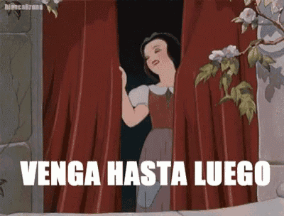 snow white from snow white and the seven dwarfs is peeking out from behind a red curtain with the words venga hasta luego below her