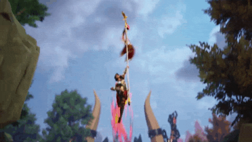 a person is hanging from a pole in a video game scene