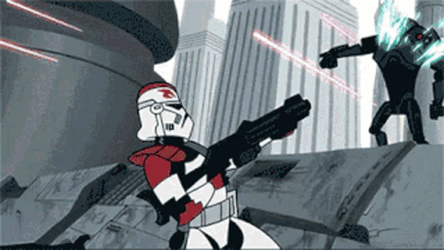 a cartoon of a clone trooper holding a gun in front of a building