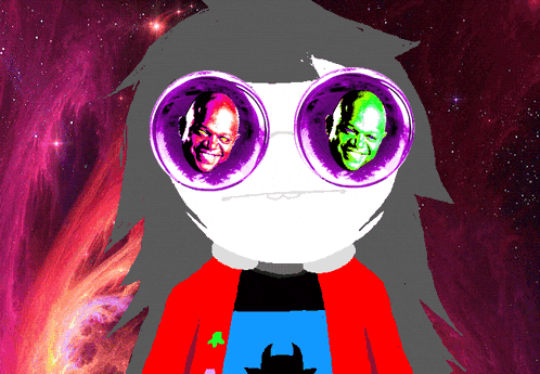 a cartoon character with two faces in glasses and a purple background