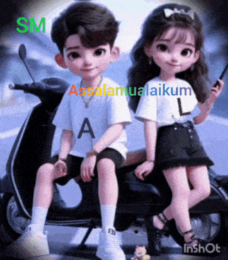 a boy and a girl are sitting on a scooter with the letters a and l visible on their shirts