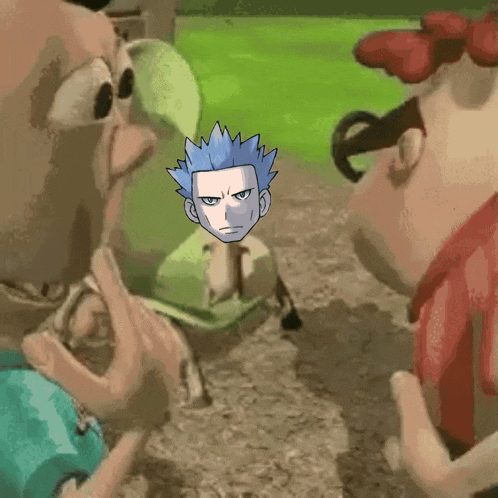 a cartoon of a man with blue hair and glasses standing next to another man