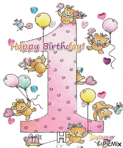 a pink number 1 with teddy bears and balloons on it