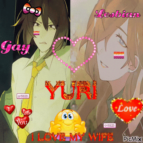 a picture of a gay man and a lesbian woman with yuri written in red letters