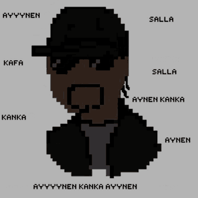 a pixel art of a man wearing a hat and sunglasses with the words ayynen kanka aynen at the bottom