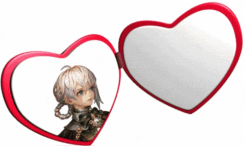 a heart shaped mirror with a girl in it