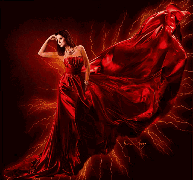 a woman in a long red dress stands in front of a lightning background