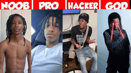a collage of images with the words noob pro hacker god on the bottom
