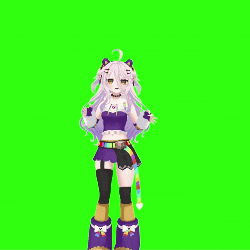 a 3d anime girl is standing with her arms in the air on a green screen