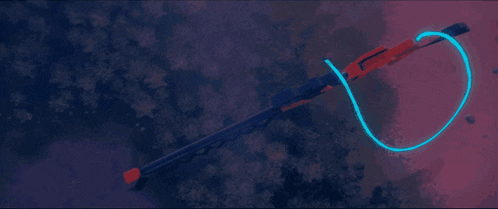 a blue lightning bolt strikes a red object in a dark room