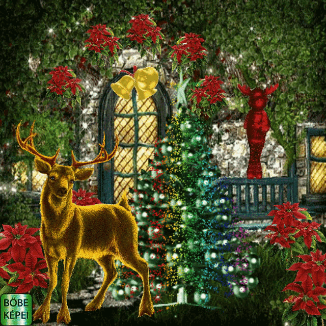 a deer is standing in front of a christmas tree with a sign that says bobe kopel