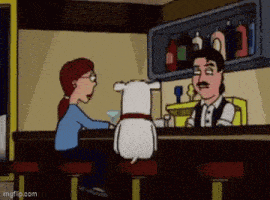 a cartoon of a man and a woman sitting at a bar with a dog sitting on a bar stool .