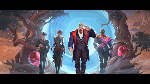 a group of people are standing in front of a blue portal
