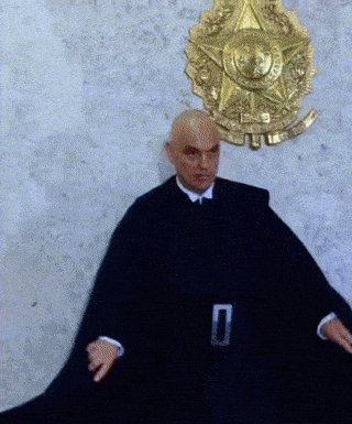 a bald man in a black robe is standing in front of a wall with a coat of arms