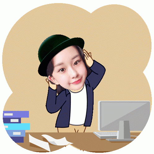 a cartoon of a woman wearing a hat sitting at a desk with papers and a computer