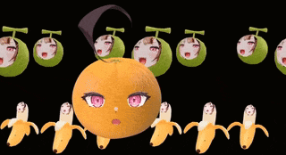 an orange with a pink eye is surrounded by bananas