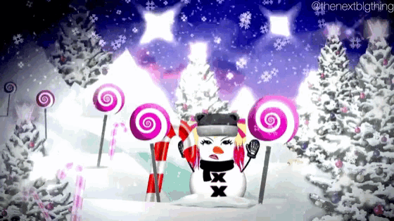 a snowman is holding pink lollipops in a christmas scene