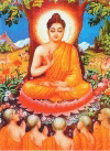 a painting of buddha sitting under a tree with a group of monks surrounding him