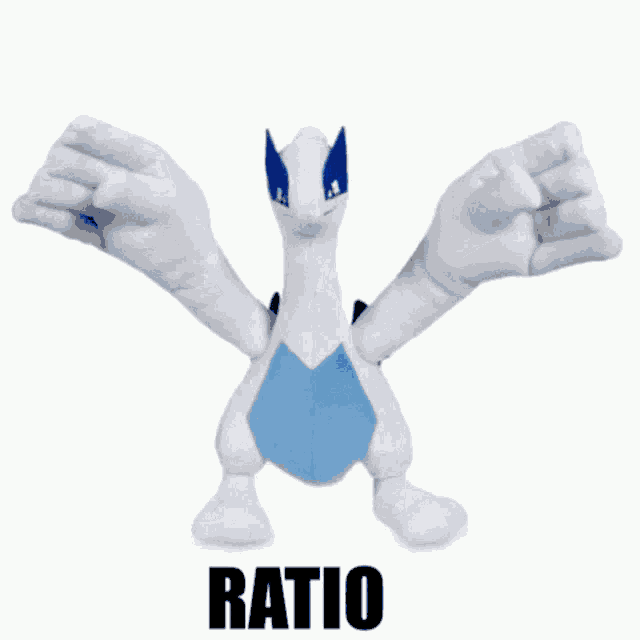 a white and blue pokemon stuffed animal with the word ratio written below it .