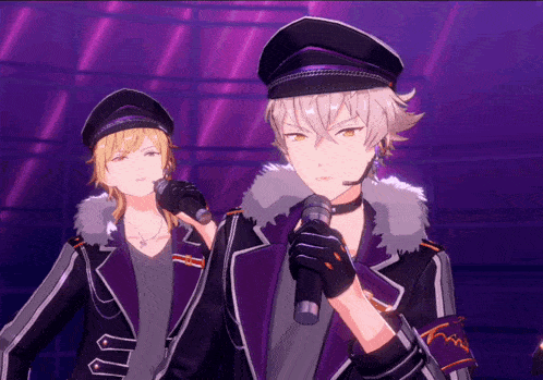 two anime characters are singing into microphones in front of purple lights