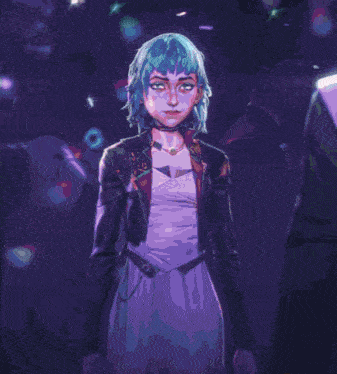 a girl with blue hair is standing in a room with papers on the wall