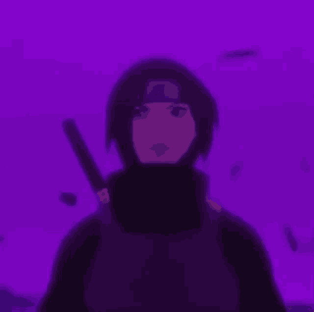 a purple background with a person holding a sword in their hand .