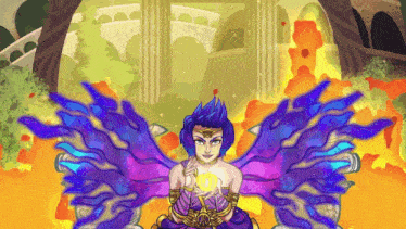 a cartoon drawing of a woman with purple wings holding a gold object