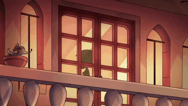a cartoon drawing of a balcony with a potted plant on the ledge
