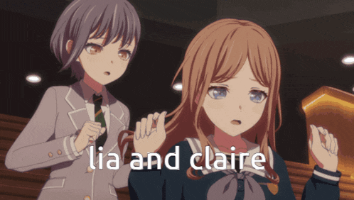 two anime girls are standing next to each other and the words lia and claire are on the bottom