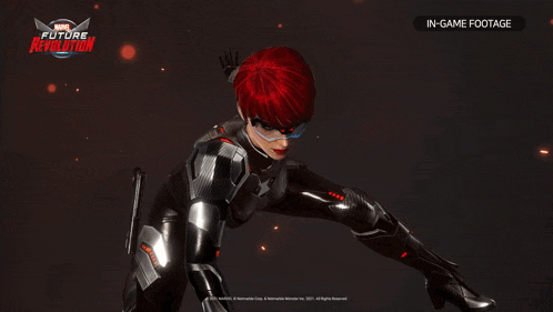 a woman with red hair is holding a gun in a marvel future revolution game