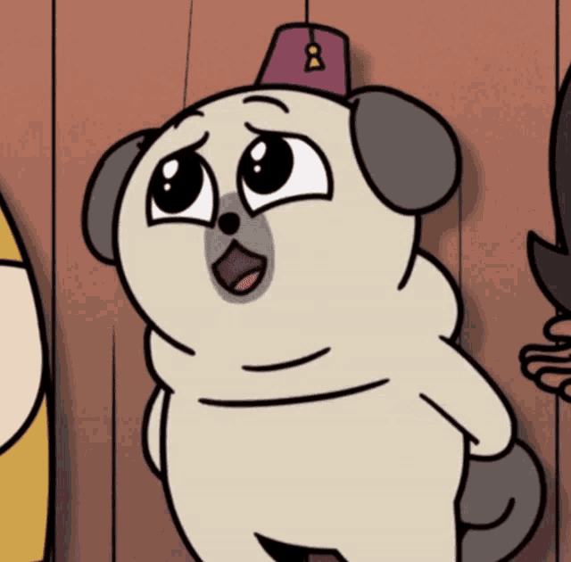 a cartoon pug wearing a purple hat with a circle on it