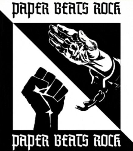 a poster that says paper beats rock with a fist and handcuffs