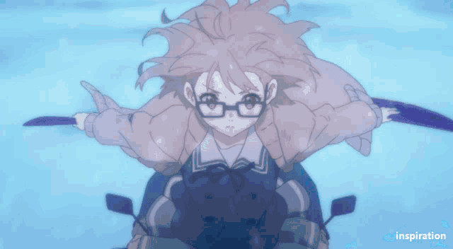 a girl with glasses is riding on the back of another girl with a sword in her hand