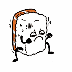 a cartoon drawing of a sushi roll with arms and legs making a funny face .